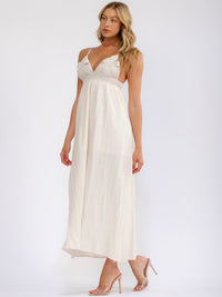WOMEN'S SLEEVELESS V-NECK ELASTIC WAIST OPEN BACK CROCHET MAXI DRESS