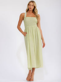 WOMEN'S SLEEVELESS SQUARE NECK SMOCK FRONT POCKETS MAXI DRESS