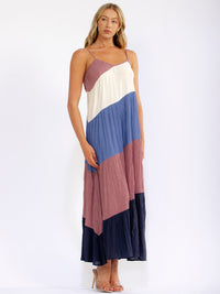 WOMEN'S SLEEVELESS OPEN BACK TIERED COLORBLOCK MAXI DRESS