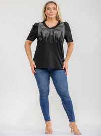 PLUS SIZE SHORT SLEEVE RHINESTONES DETAILED BLOUSE