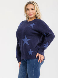 PLUS SIZE LONG SLEEVE SHIMMER STARS PRINT PULLOVER SWEATER