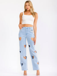 WOMEN'S BUTTON CLOSURE POCKETS HEARTS CUT OUT STRAIGHT LEG DENIM PANTS