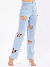 WOMEN'S BUTTON CLOSURE POCKETS HEARTS CUT OUT STRAIGHT LEG DENIM PANTS