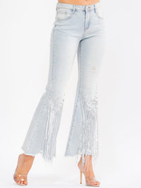 WOMEN'S BUTTON CLOSURE POCKETS DISTRESS RHINESTONES STRETCH DENIM BELL LEG PANTS