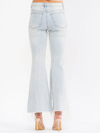 WOMEN'S BUTTON CLOSURE POCKETS DISTRESS RHINESTONES STRETCH DENIM BELL LEG PANTS