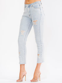 WOMEN'S BUTTON CLOSURE POCKETS DISTRESS RHINESTONES STRETCH DENIM SKINNY LEG PANTS
