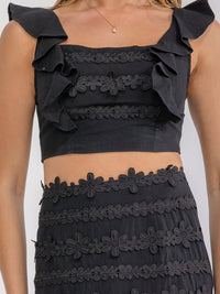 WOMEN'S SLEEVELESS RUFFLE CROP TOP & ZIP UP MINI SKIRT FLOWER EMBROIDERY 2PC. SET