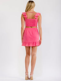 WOMEN'S SLEEVELESS RUFFLE CROP TOP & ZIP UP MINI SKIRT FLOWER EMBROIDERY 2PC. SET
