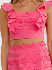 WOMEN'S SLEEVELESS RUFFLE CROP TOP & ZIP UP MINI SKIRT FLOWER EMBROIDERY 2PC. SET
