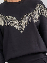WOMEN'S LONG SLEEVE RHINESTONES FRINGE PULLOVER SWEATER