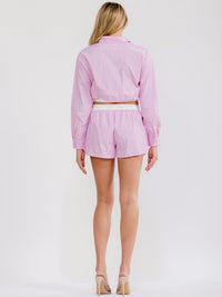 WOMEN'S LONG SLEEVE CROP TOP & ELASTIC WAIST SHORTS COLORBLOCK STRIPES 2PC. SET