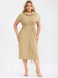 PLUS SIZE SHORT SLEEVE BUTTON UP SELF TIE ELASTIC WAIST MIDI DRESS