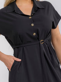PLUS SIZE SHORT SLEEVE BUTTON UP SELF TIE ELASTIC WAIST MIDI DRESS
