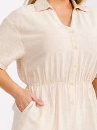 PLUS SIZE SHORT SLEEVE BUTTON UP ELASTIC WAIST POCKETS ROMPER