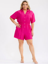 PLUS SIZE SHORT SLEEVE BUTTON UP ELASTIC WAIST POCKETS ROMPER
