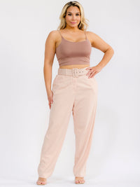 PLUS SIZE BUTTON CLOSURE POCKETS BELTED STRAIGHT LEG SOLID PANTS