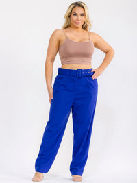 PLUS SIZE BUTTON CLOSURE POCKETS BELTED STRAIGHT LEG SOLID PANTS