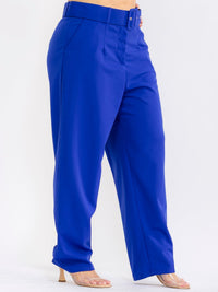 PLUS SIZE BUTTON CLOSURE POCKETS BELTED STRAIGHT LEG SOLID PANTS