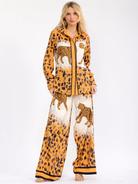 WOMEN'S LONG SLEEVE BLOUSE & ELASTIC WAIST WIDE LEG PANTS ANIMAL PRINT 2PC. SET