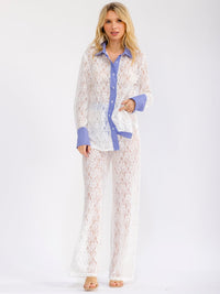 WOMEN'S LONG SLEEVE BLOUSE & ELASTIC WAIST WIDE LEG PANTS LACE 2PC. SET