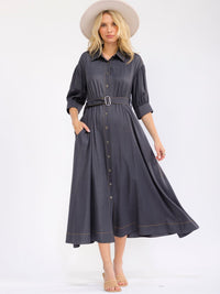 WOMEN'S SHORT SLEEVE BUTTON UP FRONT POCKETS BELTED MAXI DRESS
