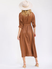 WOMEN'S SHORT SLEEVE BUTTON UP FRONT POCKETS BELTED MAXI DRESS