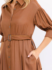 WOMEN'S SHORT SLEEVE BUTTON UP FRONT POCKETS BELTED MAXI DRESS