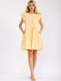 WOMEN'S RUFFLE SLEEVE FRONT POCKETS LOOSE FIT TIERED STRIPES MINI DRESS