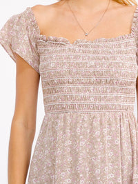 WOMEN'S SHORT SLEEVE SQUARE NECK FLORAL PRINT SMOCK MAXI DRESS