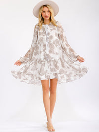 WOMEN'S LONG SLEEVE BUTTON UP PAISLEY PRINT HIGH-LOW MINI DRESS