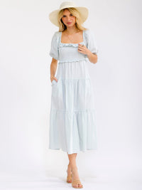 WOMEN'S SHORT SLEEVE SQUARE NECK FRONT POCKETS TIERED SMOCK MAXI DRESS