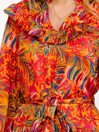 WOMEN'S LONG SLEEVE V-NECK RUFFLE TIERED SELF TIE FLORAL MINI DRESS