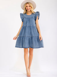 WOMEN'S RUFFLE SLEEVE FRONT POCKETS LOOSE FIT TIERED DENIM MINI DRESS