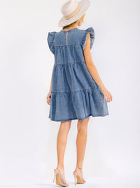 WOMEN'S RUFFLE SLEEVE FRONT POCKETS LOOSE FIT TIERED DENIM MINI DRESS