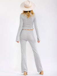 WOMEN'S LONG SLEEVE CROP TOP & ELASTIC WAIST BELL LEG PANTS RIBBED 2PC. SET