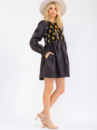 WOMEN'S LONG SLEEVE FRONT POCKETS SEQUINS STARS CONTRAST MINI DRESS