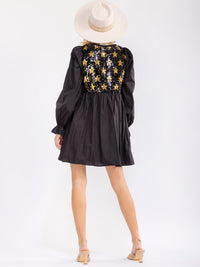 WOMEN'S LONG SLEEVE FRONT POCKETS SEQUINS STARS CONTRAST MINI DRESS