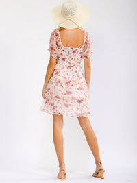 WOMEN'S SHORT SLEEVE SQUARE NECK SMOCK FLORAL MINI DRESS