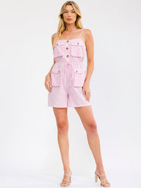 WOMEN'S SLEEVELESS BUTTON UP POCKETS ELASTIC WAIST LINEN ROMPER