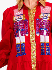 WOMEN'S LONG SLEEVE V-NECK BUTTON UP POCKETS SEQUINS MINI DRESS