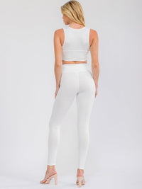 WOMEN'S SLEEVELESS CROP TOP & ELASTIC WAIST SKINNY LEG PANTS SOLID 2PC. SET