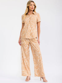 WOMEN'S SHORT SLEEVE BUTTON UP BLOUSE & ELASTIC WAIST WIDE LEG PANTS PRINTED 2PC. SET