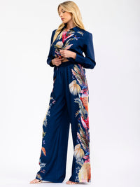 WOMEN'S LONG SLEEVE BLOUSE & ELASTIC WAIST WIDE LEG PANTS LEAF PRINT 2PC. SET