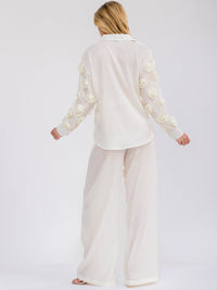 WOMEN'S LONG SLEEVE BUTTON UP TOP & ELASTIC WAIST WIDE LEG PANTS FLOWERS 2PC. SET