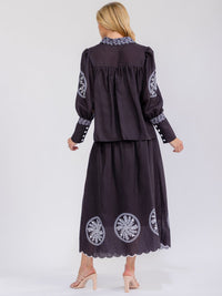 WOMEN'S LONG SLEEVE BUTTON UP TOP & ELASTIC WAIST MAXI SKIRT MULTI PRINT 2PC. SET