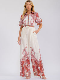 WOMEN'S SHORT SLEEVE FRONT POCKETS NUTTON UP WIDE LEG MULTI PRINT JUMPSUIT