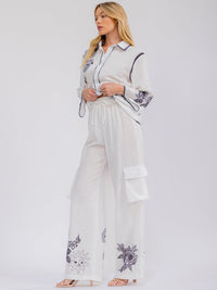 WOMEN'S LONG SLEEVE BUTTON UP TOP & ELASTIC WAIST WIDE LEG PANTS MULTI PRINT 2PC. SET