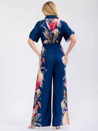 WOMEN'S SHORT SLEEVE BUTTON UP ELASTIC WAIST POCKETS WIDE LEG MULTI PRINT JUMPSUIT