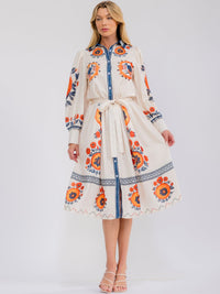 WOMEN'S LONG SLEEVE BUTTON UP SELF TIE FLORAL MIDI DRESS
