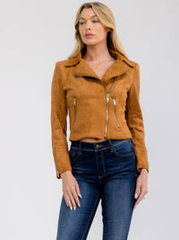 WOMEN'S LONG SLEEVE ZIP UP FRONT POCKETS SUEDE JACKET